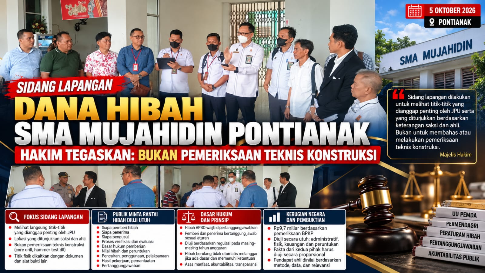 SIDANG LAPANGAN DANA HIBAH SMA MUJAHIDIN PONTIANAK: HAKIM TEGASKAN BUKAN PEMERIKSAAN TEKNIS, PUBLIK MINTA RANTAI HIBAH DIUJI UTUH