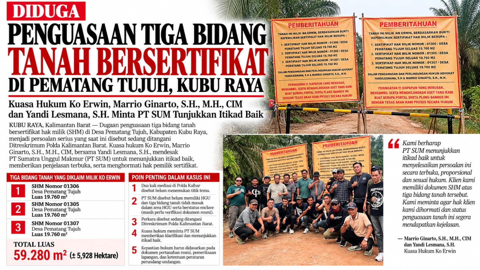 Tiga SHM Ko Erwin Jadi Sengketa, PT SUM Diminta Tunjukkan Dasar Penguasaan